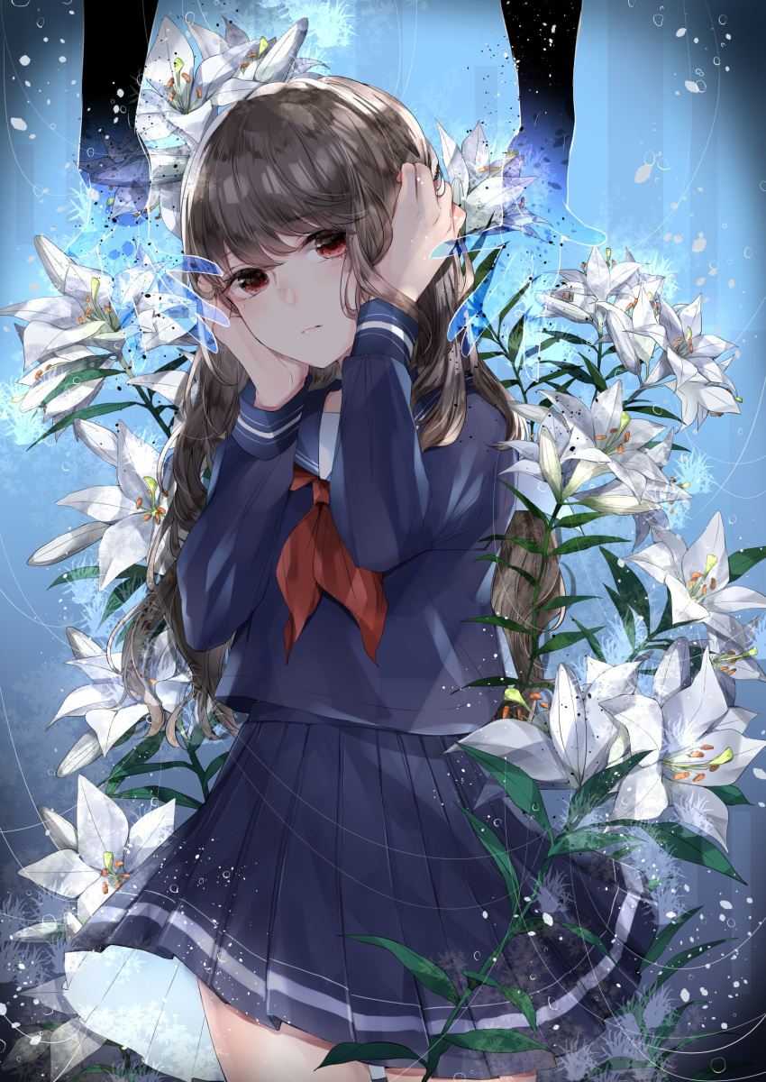 absurdres blue_serafuku blue_skirt brown_eyes brown_hair commentary_request female flower hand_on_own_ear highres leaf lily_(flower) long_hair looking_at_viewer motimoti067 original pleated_skirt school_uniform serafuku skirt solo white_flower