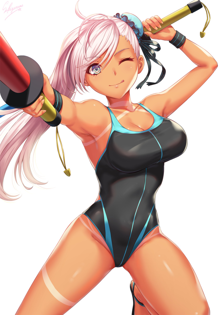 ;q accessory_tan antenna_hair aqua_eyes aqua_headwear arm_up armpits asymmetrical_hair bare_shoulders bikini_tan black_footwear black_one-piece_swimsuit black_ribbon black_wristband blue_one-piece_swimsuit blush breasts bun_cover cleavage closed_mouth collarbone commentary_request competition_swimsuit covered_navel cowboy_shot dual_wielding fate/grand_order fate_(series) female fingernails foreshortening frills groin hair_between_eyes hair_bun hair_ribbon highleg highleg_swimsuit highres hip_focus holding large_breasts leg_lift legs_apart light_smile long_fingernails long_hair looking_at_viewer miyamoto_musashi_(fate) miyamoto_musashi_(swimsuit_berserker)_(fate) miyamoto_musashi_(swimsuit_berserker)_(first_ascension)_(fate) one-piece_swimsuit one_eye_closed outstretched_arm ribbon sakiyamama sandals sidelocks signature simple_background single_side_bun single_sidelock smile solo standing standing_on_one_leg swept_bangs swimsuit tan tanlines thighs tongue tongue_out toy_sword two-tone_swimsuit white_background white_hair wristband