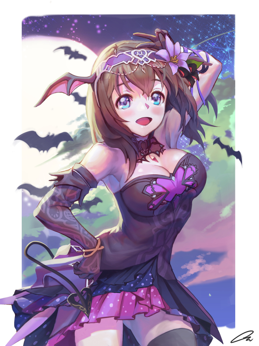 armpits bare_shoulders bat_(animal) bat_wings black_gloves blue_eyes blush breasts brown_hair cleavage commentary_request demon_tail dress elbow_gloves female flower gloves hair_flower hair_ornament hairband hand_on_own_hip head_wings highres idolmaster idolmaster_cinderella_girls korean_commentary large_breasts long_hair looking_at_viewer oz_(gerbera7) partial_commentary sagisawa_fumika solo tail wings