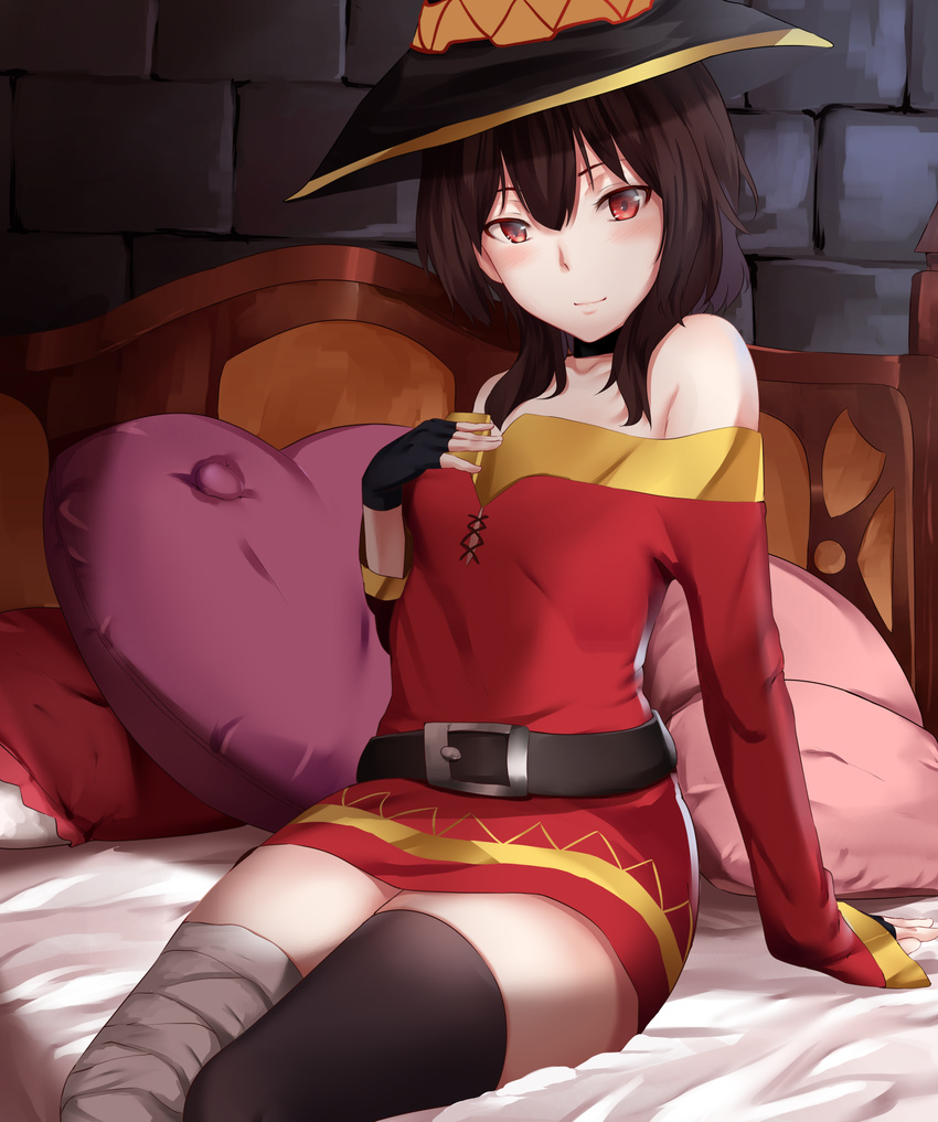 asymmetrical_legwear bandaged_leg bandages bare_shoulders bed belt black_belt black_gloves black_hair black_thighhighs commentary_request dress female fingerless_gloves gloves hat highres kono_subarashii_sekai_ni_shukufuku_wo! megumin mengo mismatched_legwear off-shoulder_dress off_shoulder on_bed red_dress red_eyes short_hair_with_long_locks single_thighhigh sitting solo thighhighs witch_hat