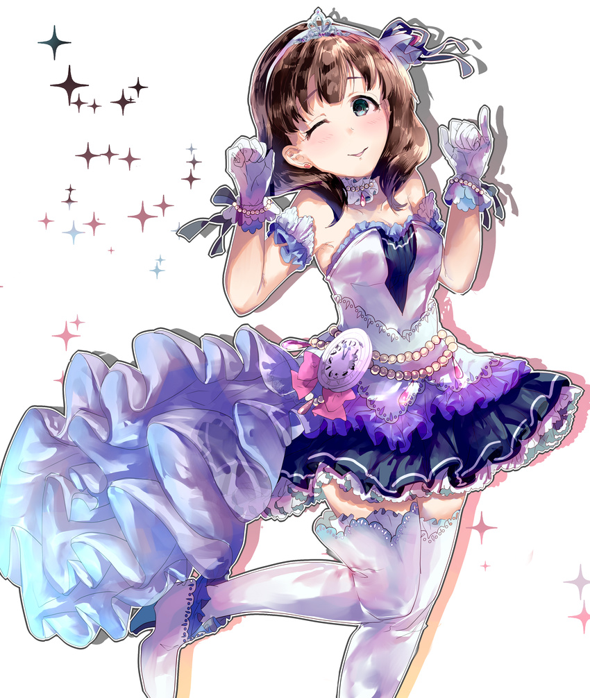 absurdres blue_eyes brown_hair commentary_request dress female gloves hairband highres hoshika_ranoe idolmaster idolmaster_cinderella_girls idolmaster_cinderella_girls_starlight_stage long_hair one_eye_closed pendant_watch ribbon sakuma_mayu short_hair smile solo starry_sky_bright_(idolmaster) thighhighs watch