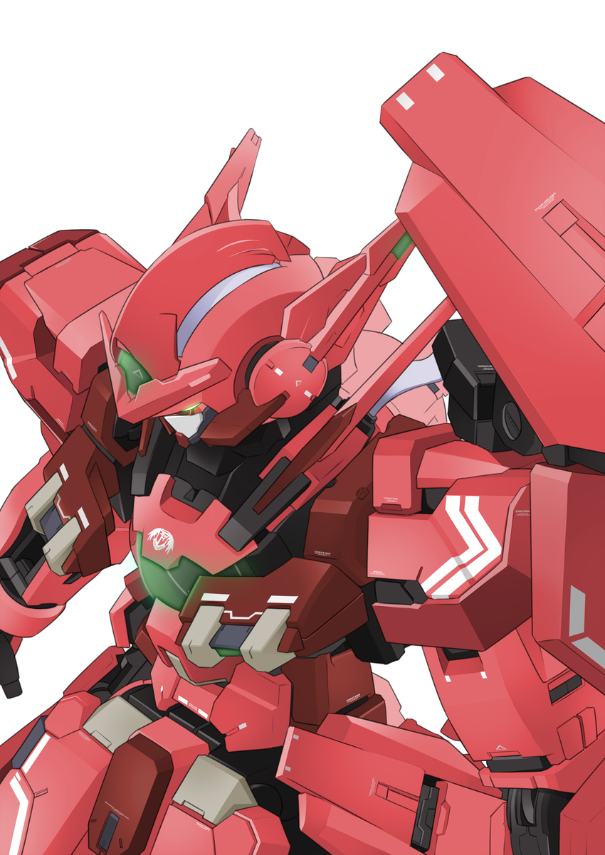 absurdres commentary_request glowing glowing_eyes gn_drive gundam gundam_00 gundam_00f gundam_astraea_type-f highres no_humans nraib photoshop_(medium) shield simple_background solo white_background