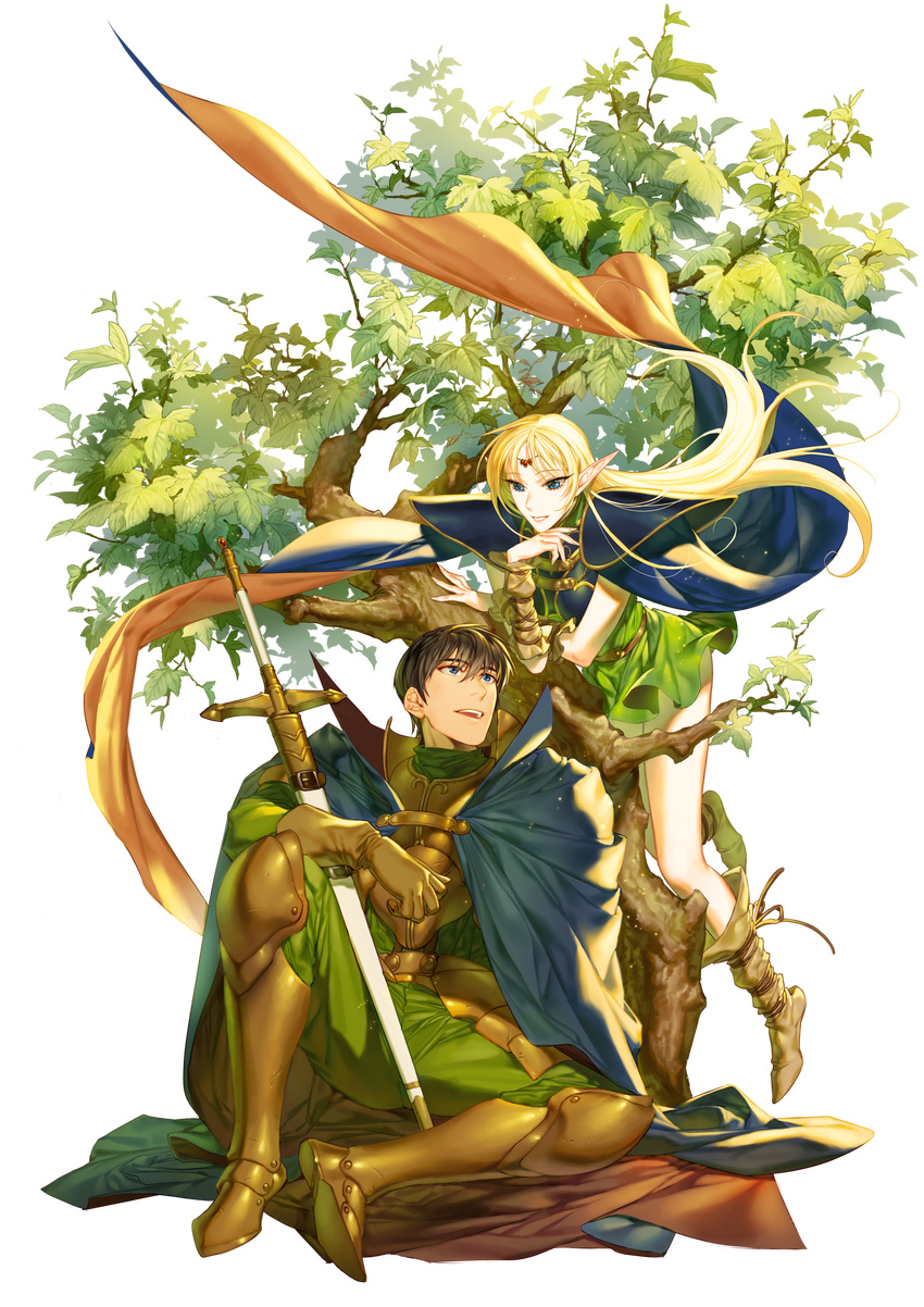 1boy absurdres arm_warmers armor blonde_hair blue_eyes boots brown_hair cape commentary_request deedlit dress elf female forehead_jewel green_dress head_rest highres leaf long_hair open_mouth parn_(lodoss) pointy_ears record_of_lodoss_war rope short_dress short_hair sitting sixa sword transparent_background tree under_tree weapon