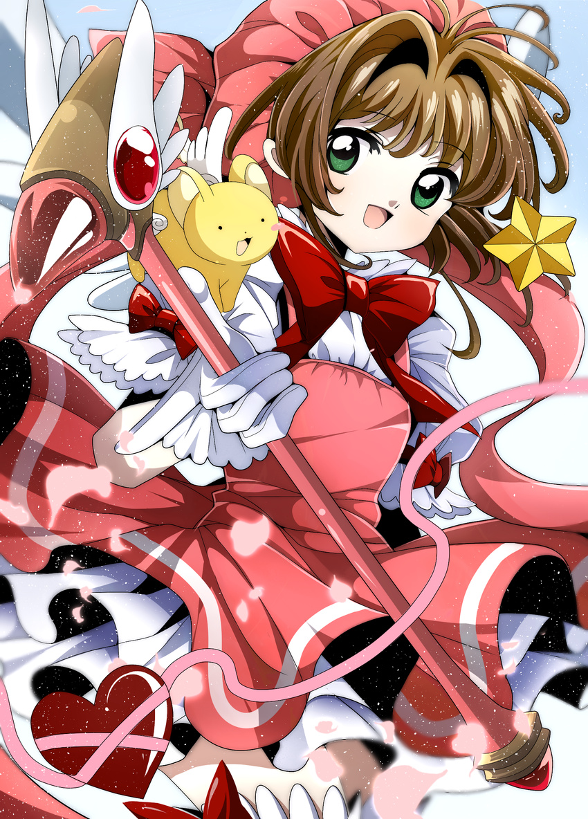 absurdres bad_id bad_pixiv_id bow brown_hair cardcaptor_sakura dress female fujita_mariko_(style) fumiko_(miruyuana) fuuin_no_tsue gloves green_eyes hat heart highres kero_(cardcaptor_sakura) kinomoto_sakura kinomoto_sakura_(magic_dream_costume) looking_at_viewer magical_girl open_mouth petals pink_dress pink_hat puffy_short_sleeves puffy_sleeves ribbon short_sleeves smile star_(symbol) white_gloves