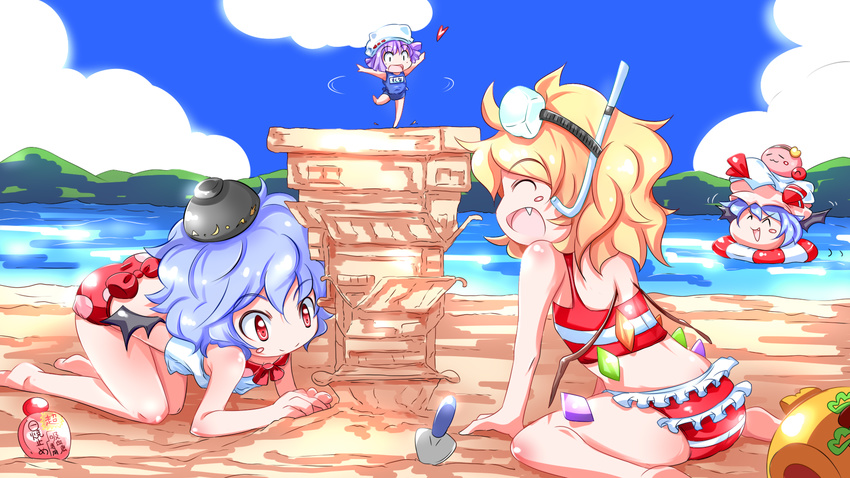 3girls :3 afloat all_fours alternate_headwear bat_wings beach bikini blonde_hair blue_hair blue_sky bowl closed_eyes cloud commentary_request dancing day diving_mask flandre_scarlet goggles hammer hat headwear_switch heart highres innertube kikurage_(sugi222) komeiji_satori komeiji_satori_(dango) mini_person minigirl mob_cap multiple_girls ocean oerba_yun_fang open_mouth outdoors purple_hair red_bikini red_eyes remilia_scarlet sand_castle sand_sculpture school_swimsuit shovel siblings sisters sitting sky smile striped_bikini striped_clothes sukuna_shinmyoumaru swim_ring swimsuit third_eye touhou upside-down wariza wings yukkuri_shiteitte_ne