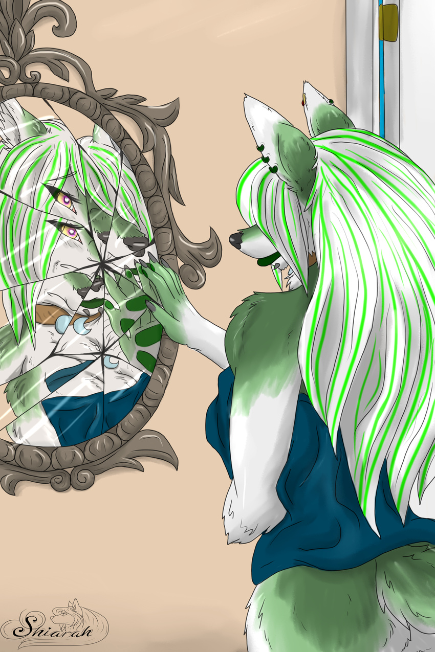 2:3 7_years_bad_luck absurd_res anthro ass biped broken broken_glass canid canine canis clothed clothing digital_media_(artwork) door ear_piercing female fur glass green_body green_fur green_hair hair hi_res highlights_(coloring) mammal mirror multicolored_body multicolored_fur multicolored_hair picture_frame piercing reflection shiarah shiarah_(character) solo standing towel two_tone_body two_tone_fur two_tone_hair watermark white_body white_fur white_hair wolf