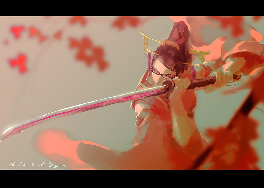 autumn_leaves bad_id bad_twitter_id bayonetta bayonetta_(series) branch brown_hair commentary_request dated female glasses grey_background hair_bun hair_ornament hairpin haori holding holding_sword holding_weapon japanese_clothes kara_namako katana leaf letterboxed long_sleeves one_eye_closed shuraba_(bayonetta) simple_background single_hair_bun solo sword weapon wide_sleeves