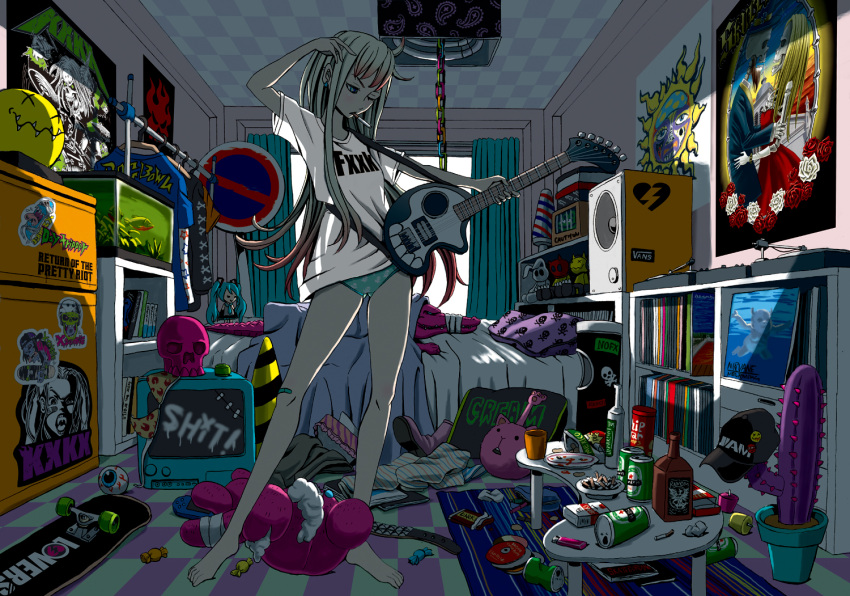 alcohol bandaid barefoot bedroom beer belt blonde_hair blue_eyes book cactus candy cd chocolate cigarette commentary_request crocodile crocodilian crt drink electric_guitar eyeball female fish fish_tank food gradient_hair guitar handheld_game_console hat hatsune_miku heineken instrument katouken_(ktn-works) legs long_hair messy_room mexico mouth_hold multicolored_hair nevermind nirvana_(band) original panties phonograph photoshop_(medium) playstation_portable punk red_hot_chili_peppers skateboard skull solo turntable underwear vans vocaloid