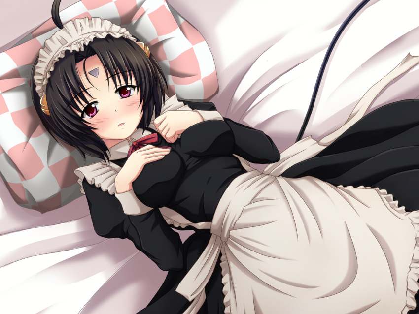 ahoge apron bad_id bad_pixiv_id bed black_hair blush breast_suppress breasts facial_mark female hajimete_no_aku ishida_seito lying maid on_back on_bed open_mouth otsugata_(hajimete_no_aku) pillow pink_eyes short_hair solo