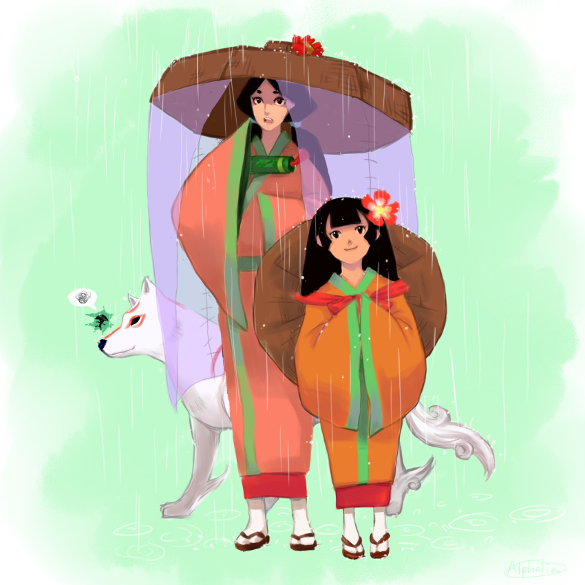 2girls alphelia amaterasu_(ookami) camellia commentary_request flower hair_flower hair_ornament hat highres ichimegasa issun japanese_clothes kimono multiple_girls okami rain sandals sazanka_(ookami) straw_hat tail tsubaki_(ookami) veil wolf