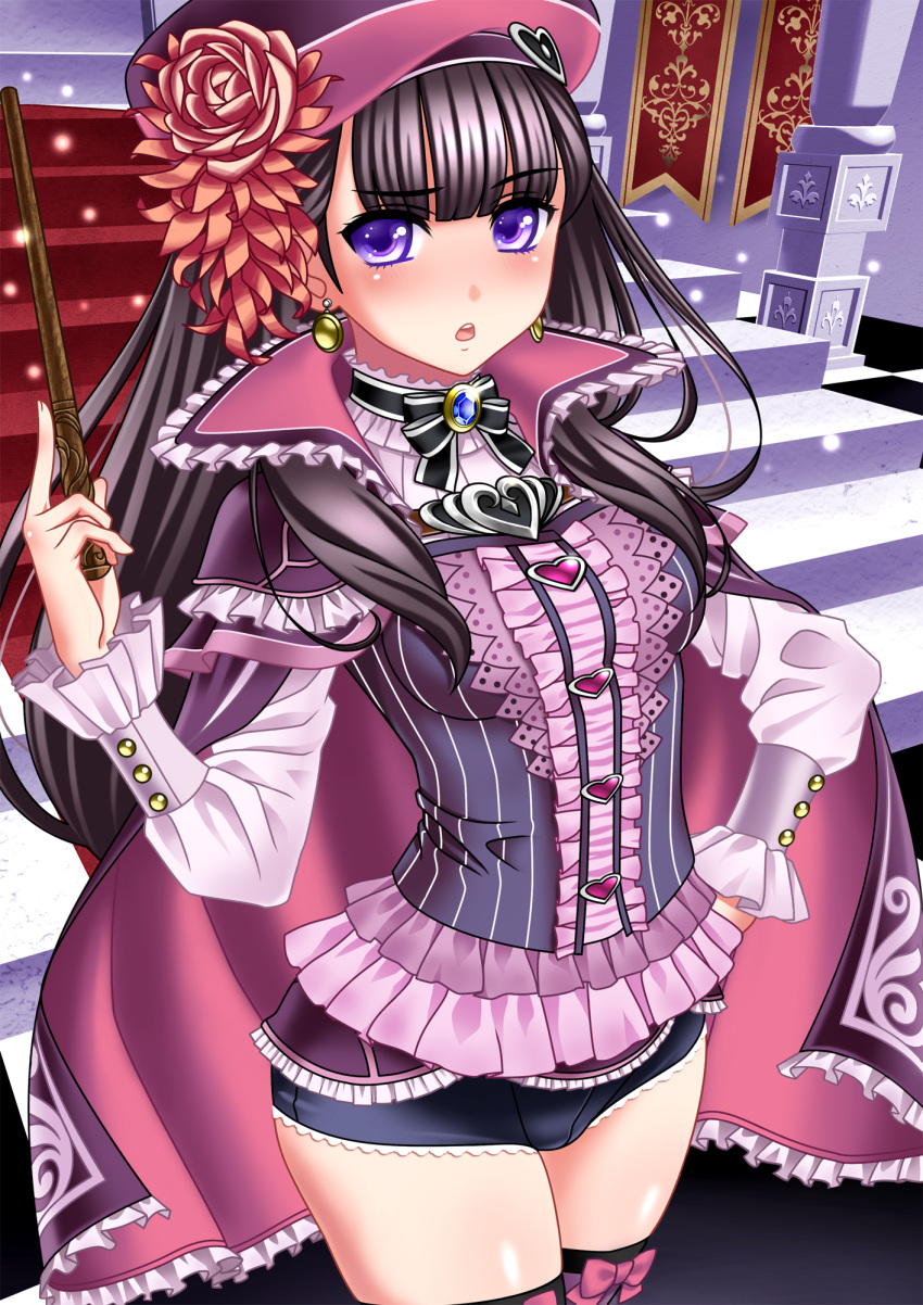 bad_id bad_link bad_nicoseiga_id black_hair black_shorts blush bow cape earrings female flower frills guriimu hand_on_own_hip hat highres jewelry long_hair momoiro_taisen_pairon original photoshop_(medium) purple_eyes short_shorts shorts solo stairs thighhighs wand