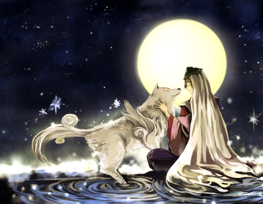 1boy amaterasu_(ookami) bad_id bad_pixiv_id closed_eyes long_hair mask moon okami orime_(kau) silver_hair sitting smile star_(sky) tattoo ushiwakamaru_(ookami) very_long_hair water