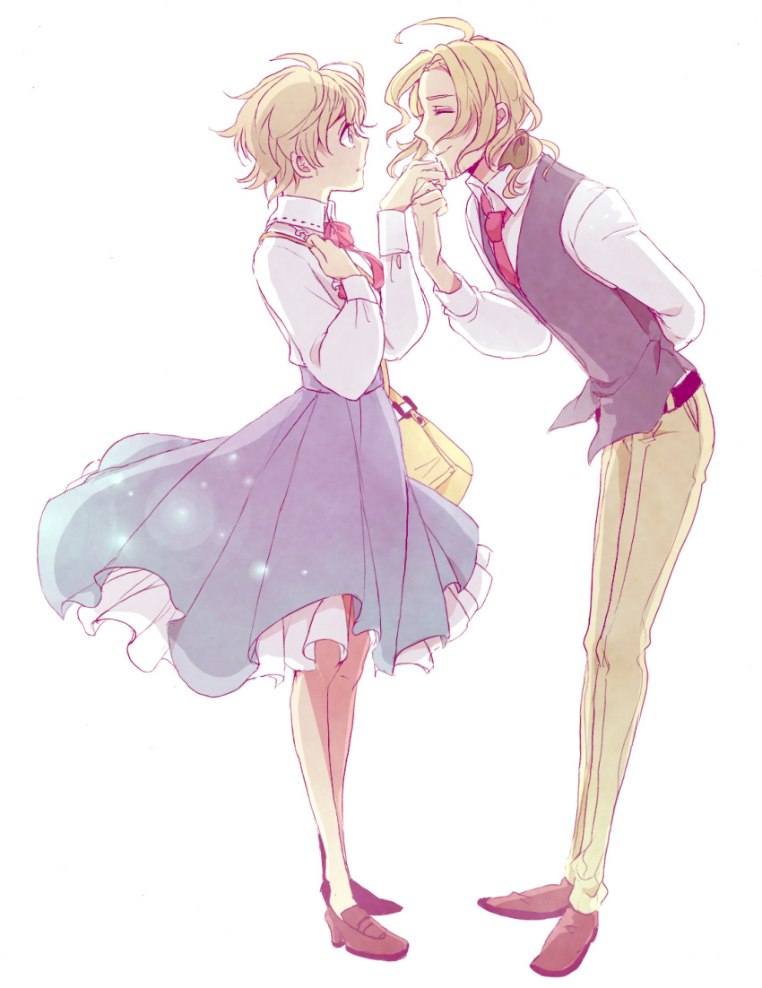 1boy axis_powers_hetalia bag beard blonde_hair blue_eyes closed_eyes commentary_request facial_hair female france_(hetalia) highres kissing kissing_hand lisa_(hetalia) long_hair necktie ribbon shivue short_hair simple_background skirt smile vest