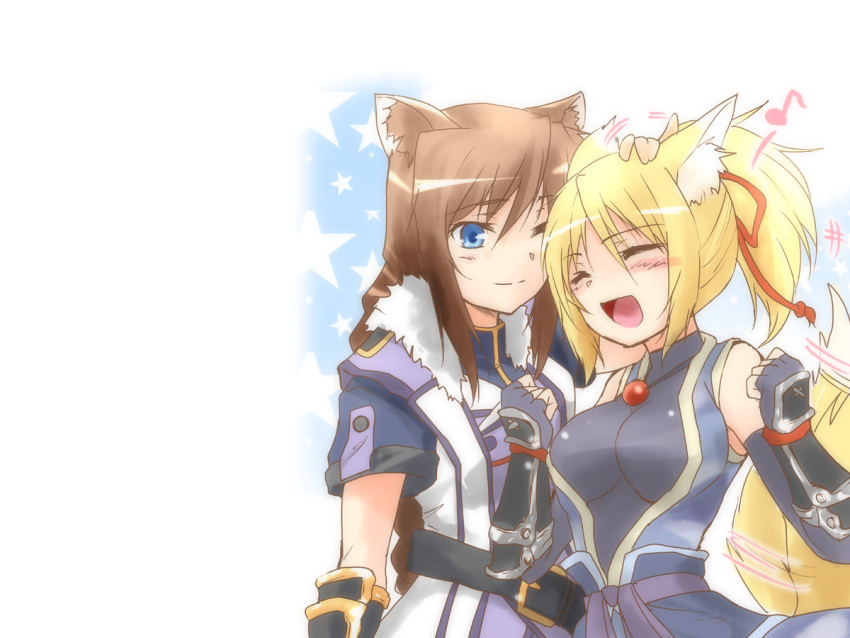 2girls animal_ears armor blonde_hair blue_eyes blush braids brioche_d'arquien brown_hair cleavage dog_days doggirl elbow_gloves foxgirl gloves long_hair necklace ninja ponytail ribbons skintight tail uniform white wink yukikaze_panettone