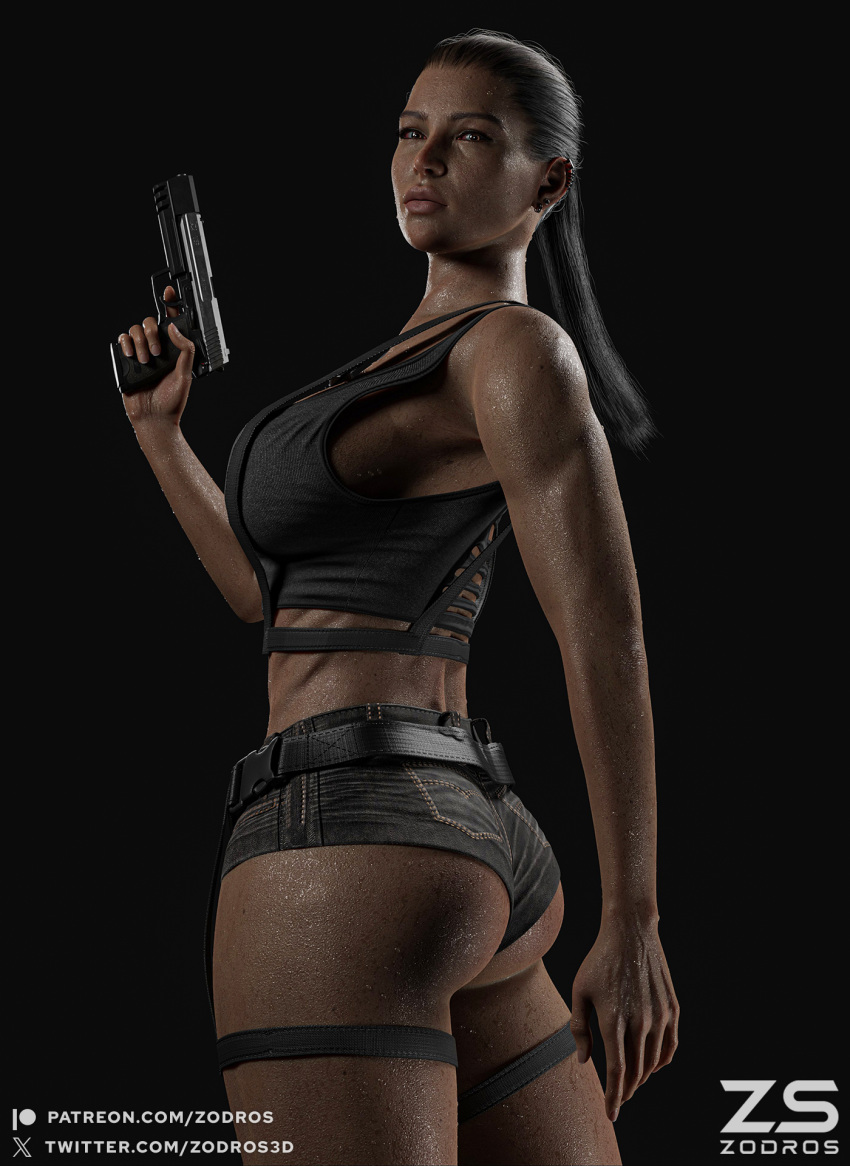 1female 1girls 3d 3d_(artwork) 3d_artwork 3d_model 3d_render 3dcg belt big_breasts big_butt big_lips blender_(software) blender_cycles brown_eyes brown_hair brunette_hair earrings female lara_croft looking_at_viewer looking_back pistol ponytail shorts solo solo_female solo_focus sweat sweatdrop sweating sweaty sweaty_body sweaty_butt tactical_gear tactical_vest tank_top tomb_raider zodros