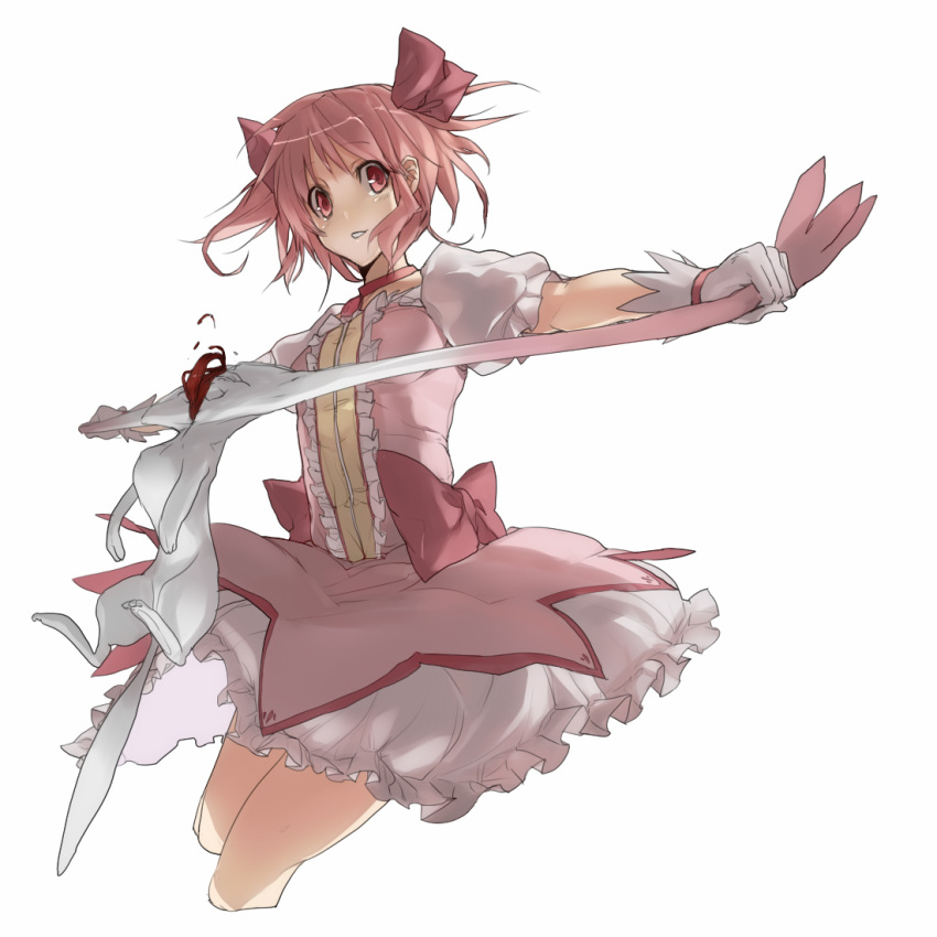 bad_id bad_pixiv_id blood face_stretching female gloves hair_ribbon kaname_madoka kaname_madoka_(magical_girl) kyuubee magical_girl mahou_shoujo_madoka_magica mahou_shoujo_madoka_magica_(anime) outstretched_arms pink_eyes pink_hair putera_no_shuryou ribbon short_hair short_twintails simple_background spread_arms twintails