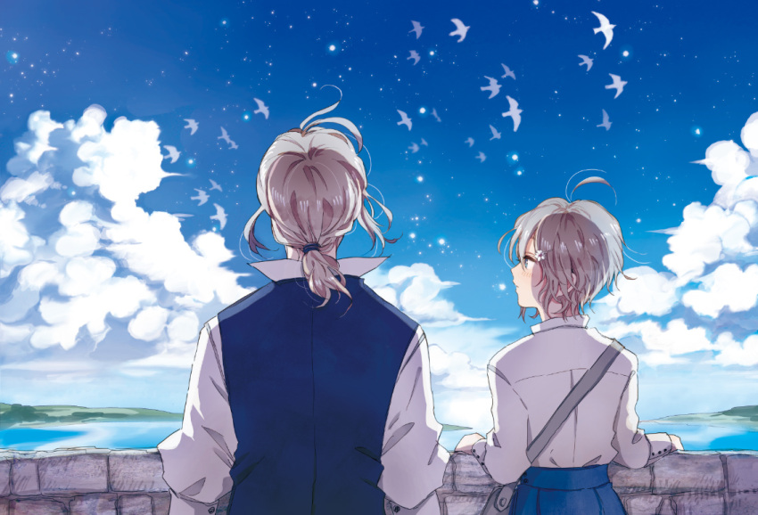 1boy axis_powers_hetalia bad_id bad_pixiv_id bird blonde_hair cloud day female flock flower france_(hetalia) from_behind green_eyes grey_hair hair_ornament hairpin hishi_(k-xaby) lisa_(hetalia) long_hair outdoors ponytail short_hair sky