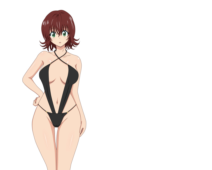 bangs bikini breasts brown_hair gluteal_fold green_eyes hand_on_hip highres large_breasts looking_at_viewer mikado_ryouko photoshop school_nurse short_hair simple_background solo swimsuit to_love-ru toloveru transparent_background