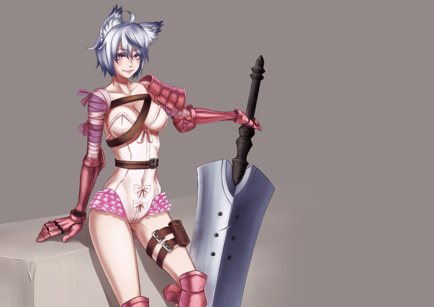 ahoge animal_ears armor bandages belt bow breasts cleavage collarbone colored_eyelashes commentary_request fantasy_earth fantasy_earth_zero female frills gauntlets grey_hair highres huge_weapon large_breasts pink_eyes short_hair solo sword thigh_strap warrior_(fantasy_earth) warrior_(vesta_armor)_(fantasy_earth_zero) weapon yuuten