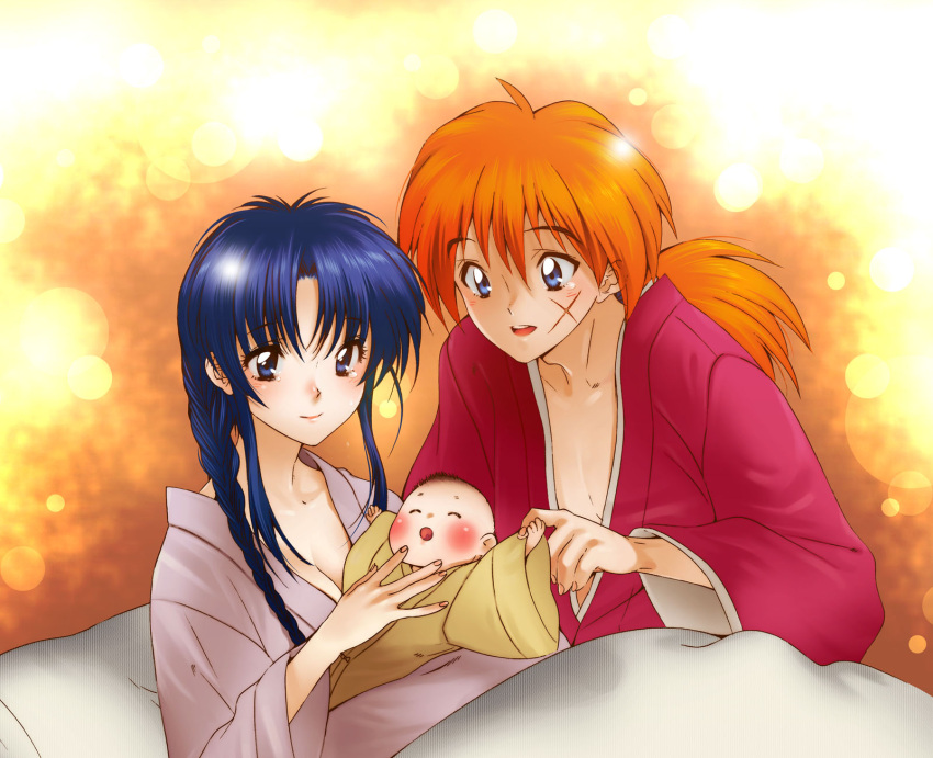 2boys baby bad_id bad_pixiv_id black_hair blue_eyes couple family female highres himura_kenji himura_kenshin holding_finger japanese_clothes kamiya_kaoru kimono long_hair multiple_boys photoshop_(medium) red_hair rurouni_kenshin scar spoilers straight tears yukimitsuki