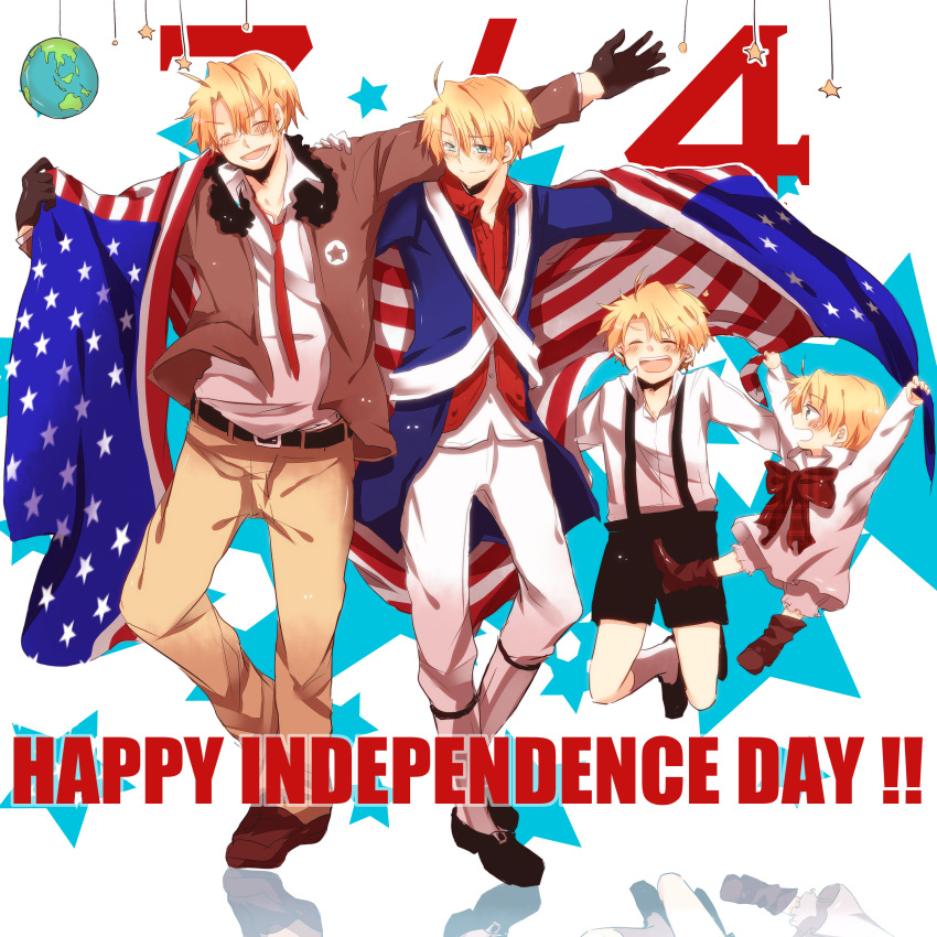 4boys absurdres aged_down ahoge america_(hetalia) american_revolution axis_powers_hetalia bad_id bad_pixiv_id blonde_hair blue_eyes boots flag glasses gloves highres historical_american_flag jacket jumping lolicon male_focus military military_uniform multiple_boys multiple_persona patriotism sorato_mizutama tears uniform