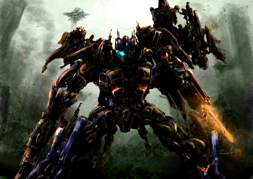 arm_blade autobot battlefield blue_eyes building city commentary_request damaged destruction faceplate glowing glowing_eyes gun mecha no_humans optimus_prime photoshop_(medium) robot smoke solo taka-f transformers transformers:_dark_of_the_moon transformers_(live_action) weapon