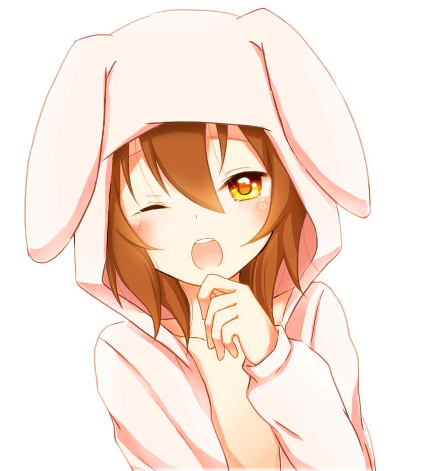 1boy akane_(goma) animal_costume bad_id bad_pixiv_id blush brown_hair goma_(11zihisin) highres hood hoodie male_focus one_eye_closed open_clothes open_mouth open_shirt orange_eyes original otoko_no_ko photoshop_(medium) rabbit_costume shirt simple_background solo tears yawning