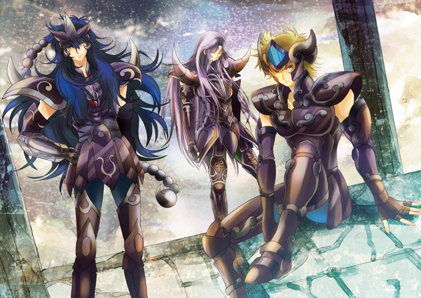 3boys alternate_costume aries_muu armor blue_hair brown_hair commentary_request full_armor ichi_(ringogogo777) leo_aiolia long_hair looking_at_viewer male_focus multiple_boys purple_hair saint_seiya scorpio_milo short_hair