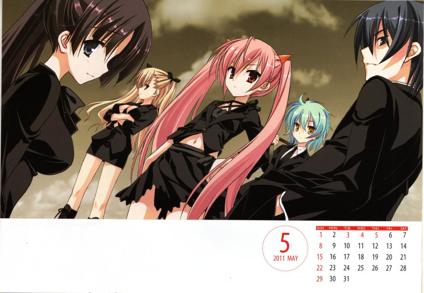 2011 4girls artist_request blonde_hair calendar_(medium) formal hair_ribbon hidan_no_aria hotogi_shirayuki kanzaki_h_aria long_hair mine_riko multiple_girls pink_hair red_eyes reki_(hidan_no_aria) ribbon short_hair skirt skirt_suit suit tooyama_kinji