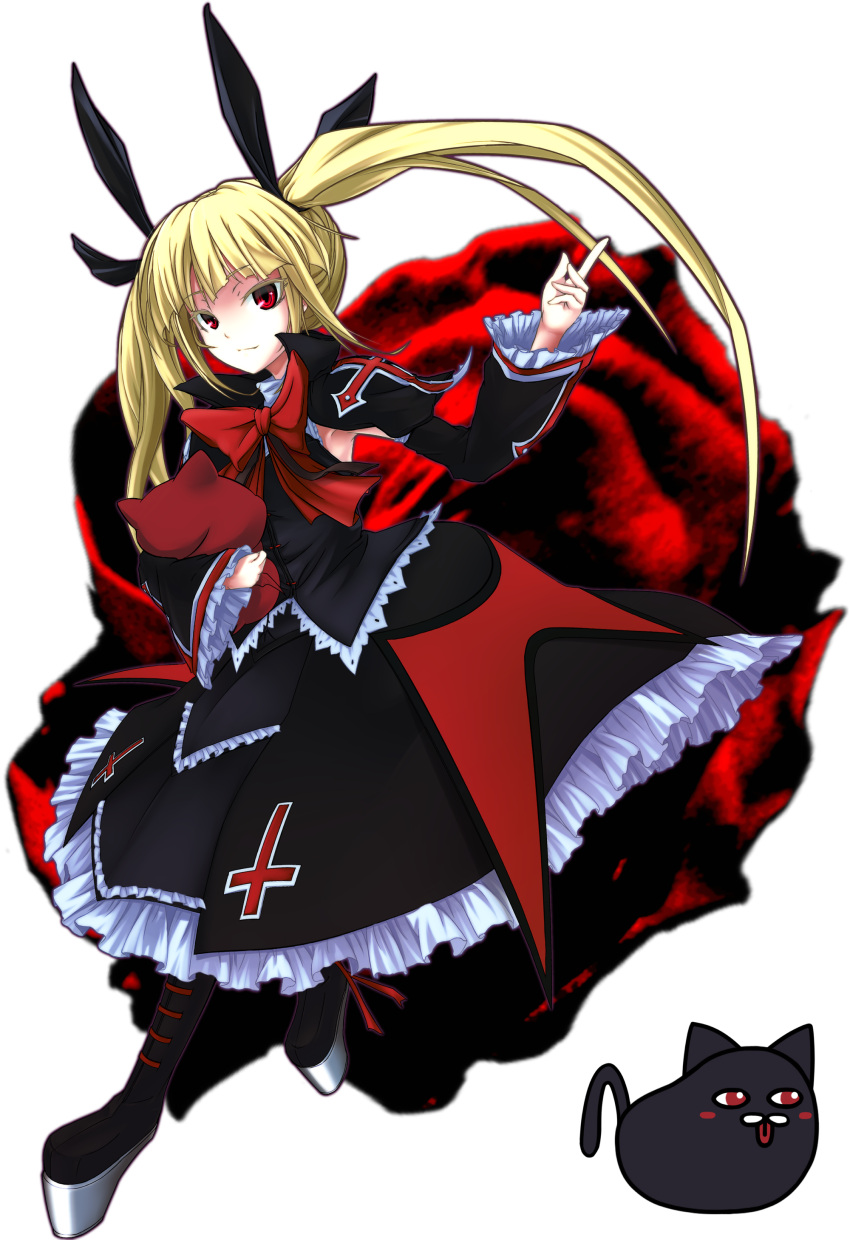 absurdres armpits bad_id bad_pixiv_id blazblue blonde_hair boots bow cross female frills full_body gii gothic_lolita hairbow heel-less_heels high_heels highres inverted_cross lolita_fashion long_hair nago platform_footwear rachel_alucard red_bow red_eyes reon_(wildkuma) shoes solo transparent_background twintails very_long_hair