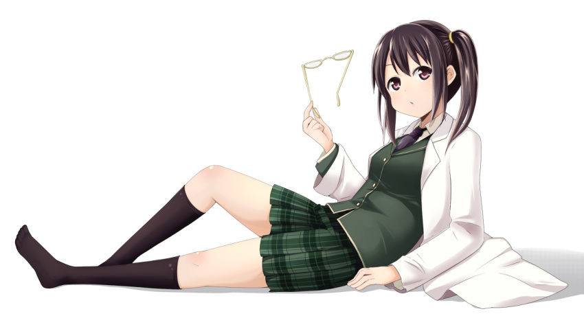 arm_support black_hair blazer boku_wa_tomodachi_ga_sukunai brown_eyes commentary_request female glasses holding holding_removed_eyewear jacket kneehighs koa lab_coat no_shoes plaid plaid_skirt pleated_skirt school_uniform shadow shiguma_rika skirt socks solo st._chronica_academy_school_uniform unworn_eyewear