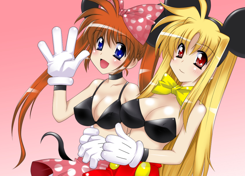 2girls blonde_hair blue_eyes breasts cleavage commentary_request cosplay disney fate_testarossa gloves hair_ribbon large_breasts long_hair lyrical_nanoha mahou_shoujo_lyrical_nanoha_strikers mickey_mouse mickey_mouse_(cosplay) minnie_mouse minnie_mouse_(cosplay) multiple_girls red_eyes ribbon smile takamachi_nanoha thighhighs twintails very_long_hair zeroero1