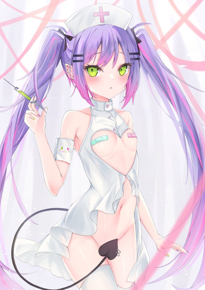 alternate_costume armband bandaid bandaids_on_nipples blush breasts colored_inner_hair commentary demon_tail dress ear_piercing female green_eyes hair_ornament hairclip hat highres holding holding_syringe hololive long_hair looking_at_viewer midriff multicolored_hair navel nurse_cap pasties piercing pink_hair purple_hair ririge small_breasts solo streaked_hair syringe tail thighhighs thighs tokoyami_towa twintails virtual_youtuber white_dress