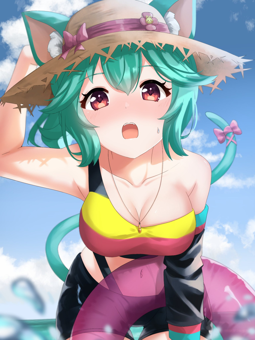 animal_ears bent_over blush bow cat_ears cat_tail commentary_request embarrassed fangs female green_hair hat highres indie_virtual_youtuber inflatable_raft md5_mismatch narunin outdoors pink_bow red_eyes resolution_mismatch rosedoodle_(vtuber) short_shorts shorts source_larger sun_hat tail thigh_gap virtual_youtuber