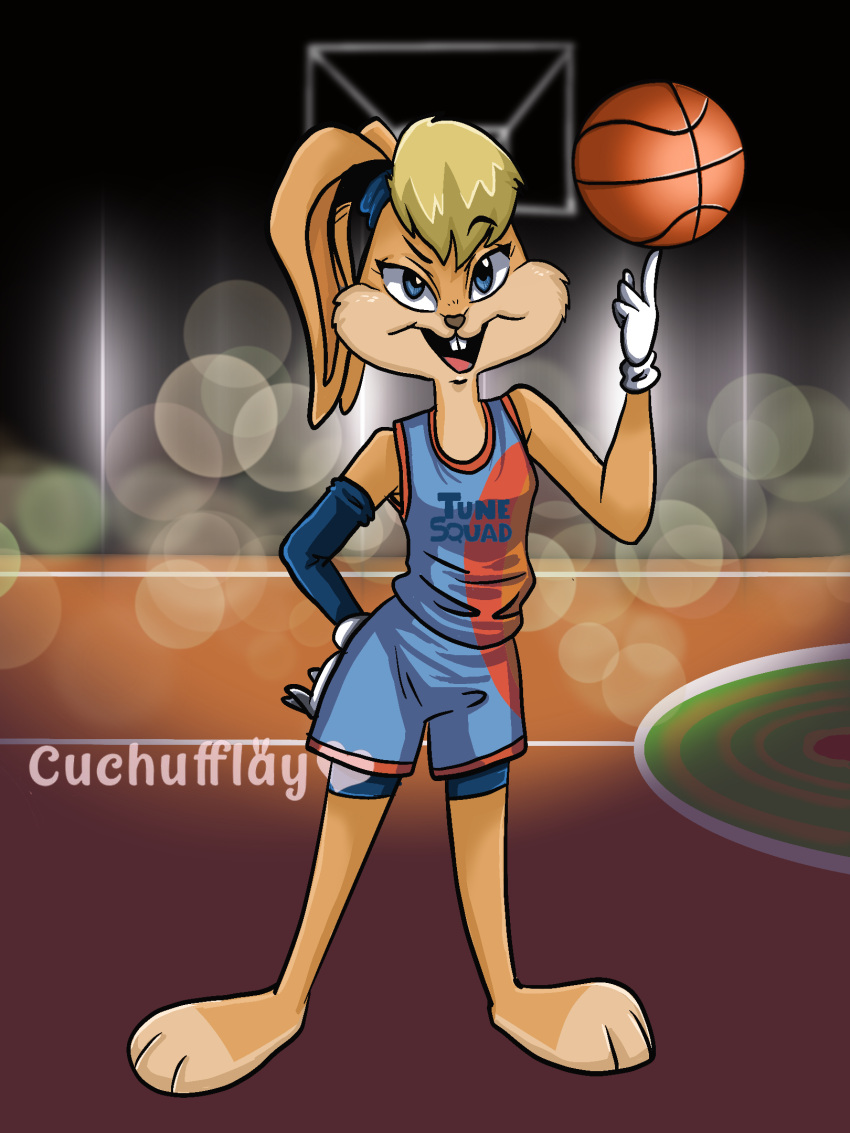 3:4 anthro ball barefoot basketball basketball_(ball) basketball_court basketball_uniform blonde_hair blue_eyes bottomwear buckteeth clothing cuchufflay detailed_background english_text eyebrows feet female fur gloves hair hand_on_hip handwear hi_res lagomorph leporid lola_bunny looney_tunes mammal open_mouth rabbit raised_eyebrow shirt shorts solo space_jam space_jam:_a_new_legacy spandex spandex_shorts sportswear tan_body tan_fur tank_top teeth text text_on_clothing text_on_shirt text_on_tank_top text_on_topwear tight_clothing topwear tune_squad_outfit tune_squad_outfit_(2021) uniform warner_brothers