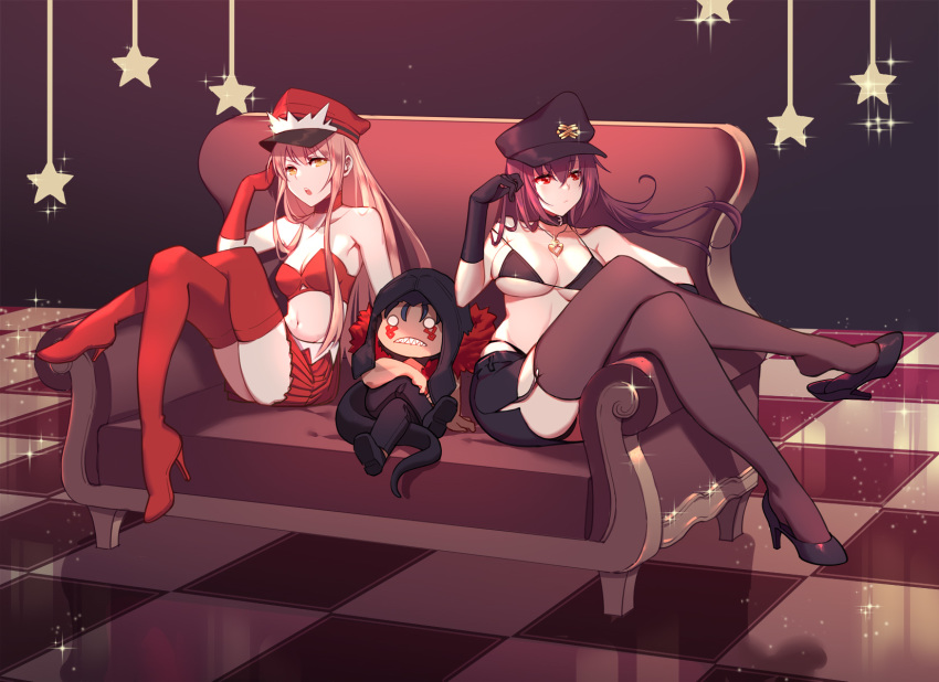 bikini_top chibi cu_chulainn cu_chulainn_alter_(fate/grand_order) elbow_gloves fate/grand_order fate_(series) garter_belt gloves hat male medb_(fate/grand_order) navel scathach_(fate/grand_order) stockings thighhighs xion32