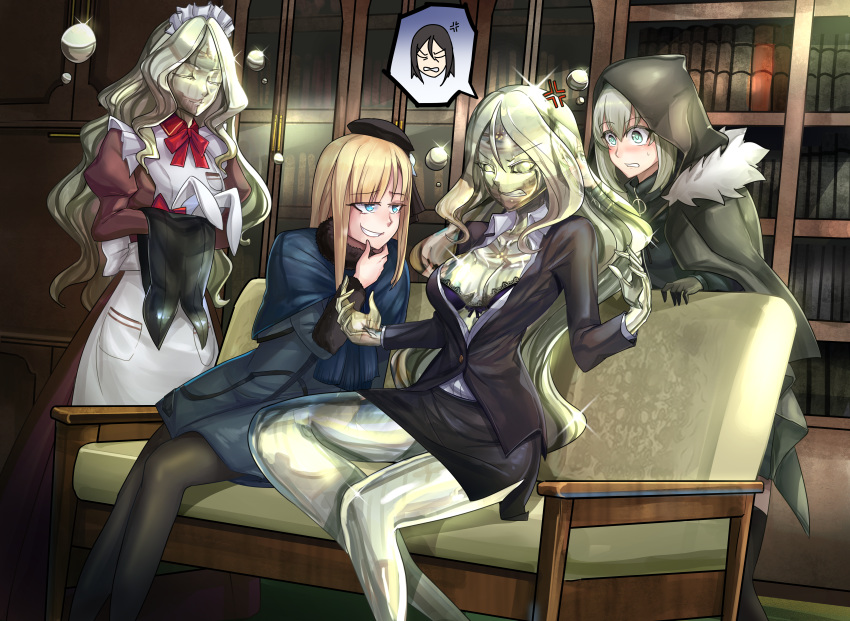 4girls absurdres aged_up anger_vein angry animal_ears black_headwear black_skirt blue_coat blue_jacket breasts brown_gloves cape cloak coat colored_skin commentary dress english_commentary fate/grand_order fate_(series) flower formal fur-trimmed_cloak fur_trim genderswap_(mtf) gloves golem gray_(fate) grey_cape grey_flower grey_rose grey_skin grin highres hood hood_up hooded_cape hooded_cloak ibenz009 jacket long_hair lord_el-melloi_ii lord_el-melloi_ii_case_files maid mercury_(element) metal_skin miniskirt monsterification multiple_girls office_lady pantyhose pencil_dress pencil_skirt playboy_bunny rabbit_ears reflection reines_el-melloi_archisorte rose rule_63 shiny_skin skirt skirt_suit smile suit teacher tilted_headwear transformation trimmau_(fate) volumen_hydragyrum_(fate) waver_velvet