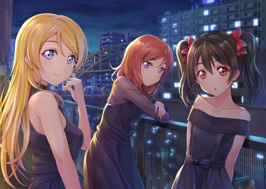 ayase_eri black_hair blonde_hair blue_eyes bow building city clouds dress long_hair love_live!_school_idol_project night nishikino_maki purple_eyes red_eyes red_hair shamakho short_hair sky stars twintails yazawa_nico