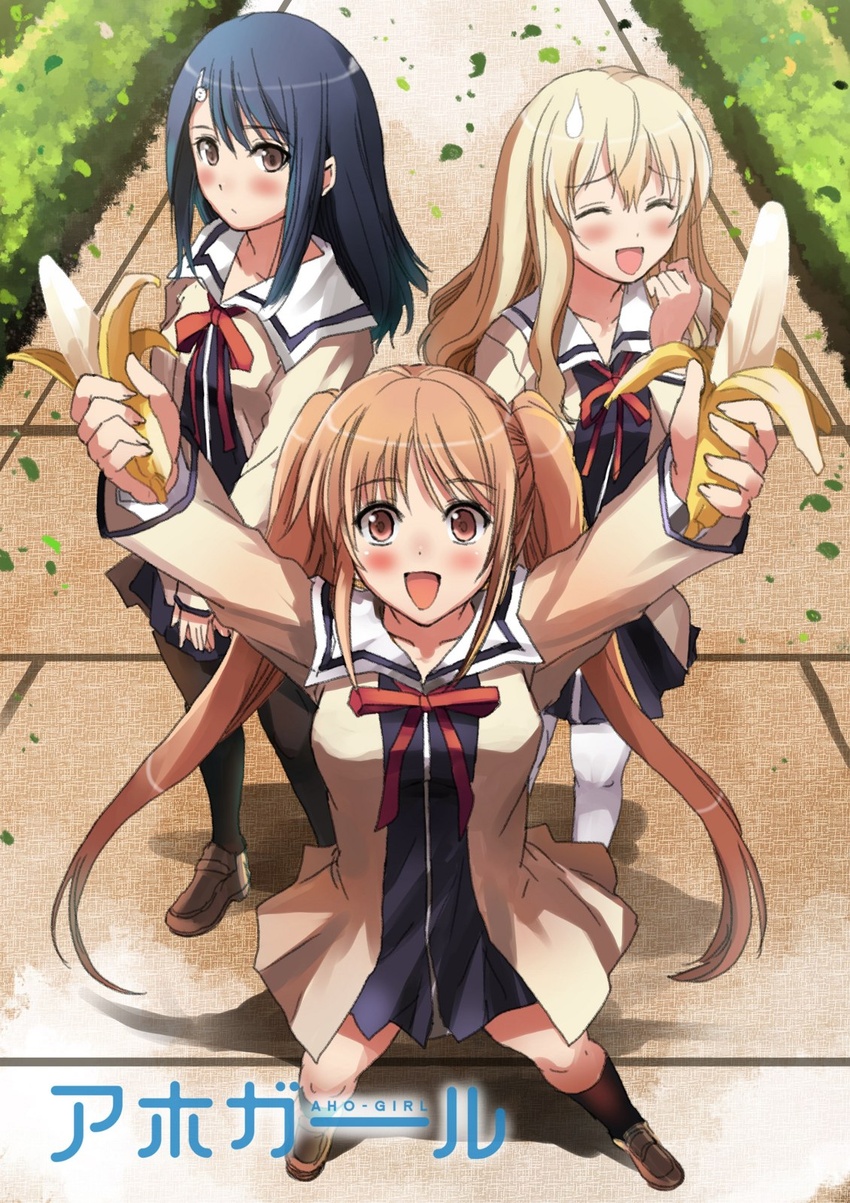 3girls aho_girl bad_id bad_pixiv_id banana black_hair blonde_hair brown_eyes brown_hair closed_eyes commentary_request copyright_name food from_above fruit fuuki_iinchou_(aho_girl) garimpeiro hair_ornament hairclip hanabatake_yoshiko hands_up highres logo looking_up multiple_girls open_mouth school_uniform sumino_sayaka sweatdrop twintails