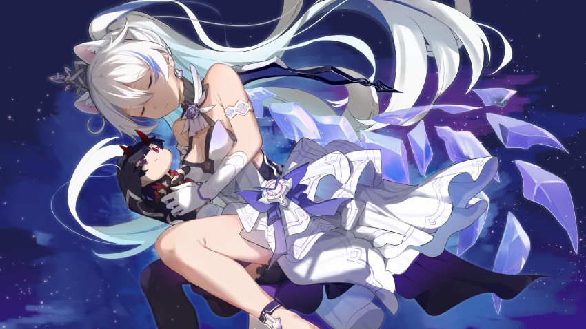 absurdres animal_ear_fluff animal_ears bare_shoulders black_thighhighs blue_hair breasts character_doll cleavage closed_eyes commentary_request dress facing_viewer feet_out_of_frame female hair_between_eyes highres honkai_(series) honkai_impact_3rd kiana_kaslana kiana_kaslana_(herrscher_of_flamescion) layered_dress long_hair medium_breasts multicolored_hair parted_lips pleated_dress ponytail raiden_mei raiden_mei_(herrscher_of_thunder) single_thighhigh sleeveless sleeveless_dress solo streaked_hair thighhighs very_long_hair white_dress white_hair xuu_shi_times