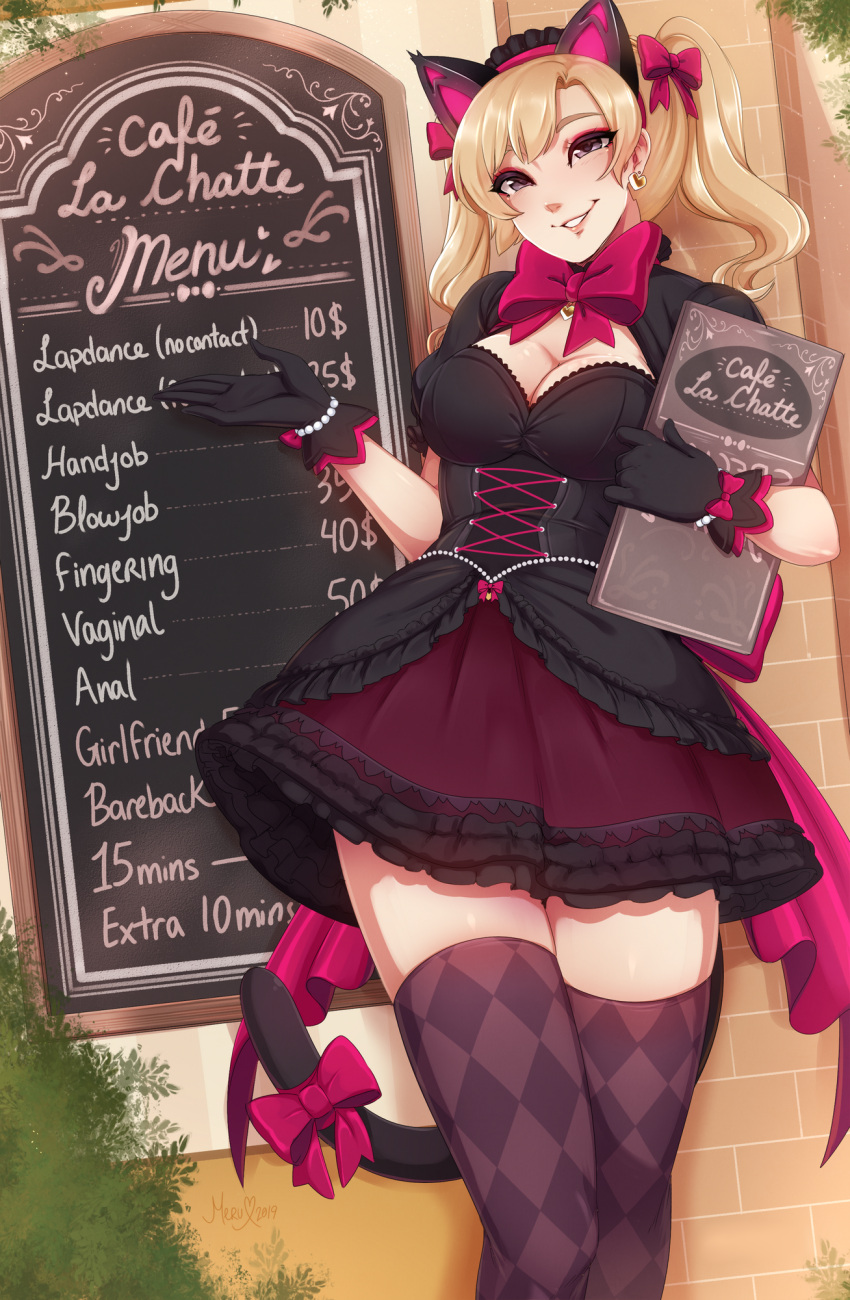 alternate_hair_color alternate_hairstyle animal_ears argyle_clothes argyle_legwear black_cat_d.va black_dress black_gloves blonde_hair bow bracelet breasts cat_ears cat_tail chalkboard_sign checkered_clothes checkered_legwear cleavage cleavage_cutout clothing_cutout corset d.va_(overwatch) dress earrings english_text eyeshadow fake_animal_ears female gloves hairbow heart heart_earrings highres jewelry lolita_fashion looking_at_viewer makeup medium_breasts merunyaa official_alternate_costume overwatch overwatch_1 pearl_bracelet pink_bow price_list prostitution puffy_sleeves purple_eyes solo swept_bangs tail tail_bow tail_ornament thighhighs twintails two-tone_legwear zettai_ryouiki