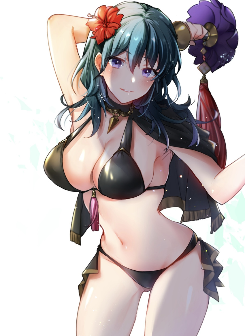 arm_behind_head arm_up armpits bare_shoulders bikini black_bikini blue_hair blush breasts byleth_(female)_(fire_emblem) byleth_(female)_(summer)_(fire_emblem) byleth_(fire_emblem) capelet cleavage collarbone female fire_emblem fire_emblem:_three_houses flower hair_flower hair_ornament highres large_breasts looking_at_viewer medium_hair navel nekolook official_alternate_costume purple_hair simple_background smile swimsuit thighs wet