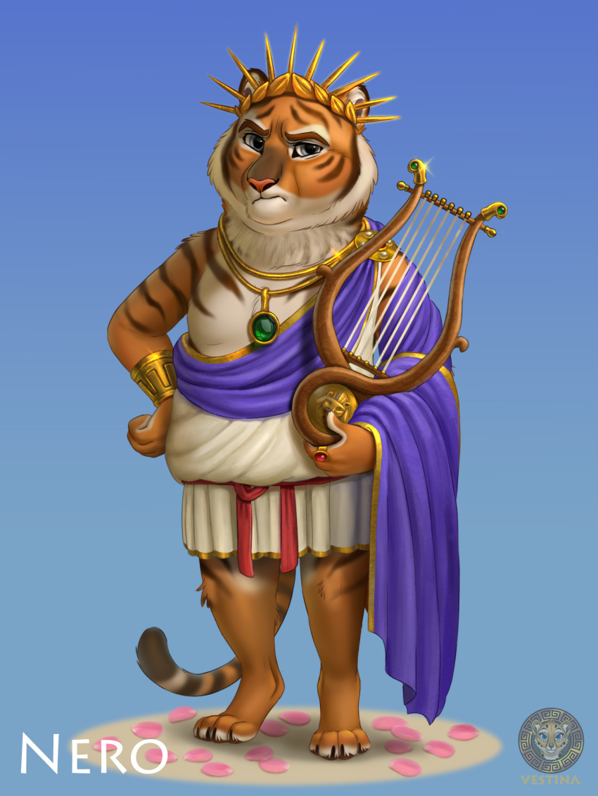 anthro clothing crown felid gem gold_(metal) gold_jewelry grey_eyes grumpy headgear hi_res jewelry looking_at_viewer male mammal necklace nero_(vestina) orange_body pantherine ring shirt solo striped_body stripes text the_feast_of_nero tiger toga topwear tunic vestina white_body