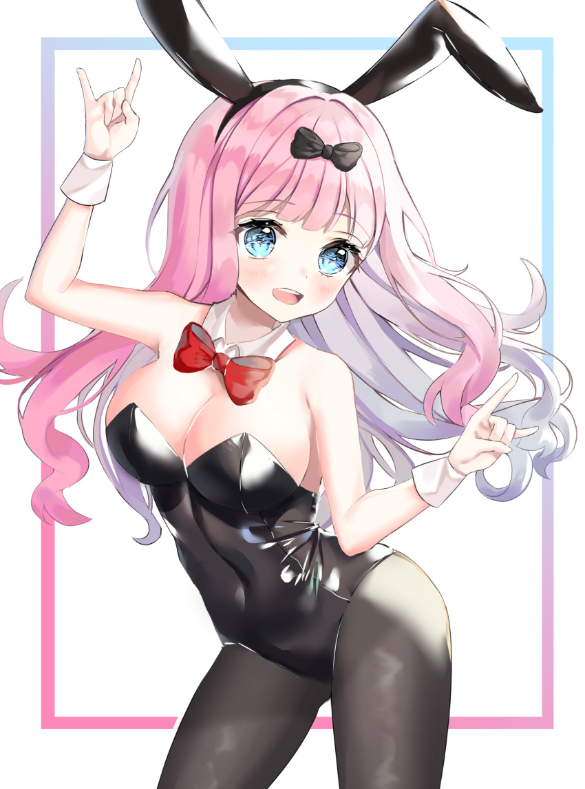 \n/ animal_ears bare_arms bare_shoulders black_bow black_leotard black_pantyhose blue_eyes blunt_bangs blush bow bowtie breasts cleavage contrapposto covered_navel cowboy_shot detached_collar double_\n/ fake_animal_ears female fujiwara_chika hairbow highres kaguya-sama_wa_kokurasetai_~tensai-tachi_no_renai_zunousen~ large_breasts leaning_forward leotard long_hair looking_at_viewer nannung open_mouth pantyhose pink_hair playboy_bunny rabbit_ears rabbit_tail round_teeth smile solo strapless strapless_leotard tail teeth upper_teeth_only wrist_cuffs