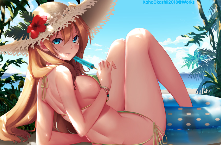 aqua_eyes beach bikini blonde_hair blush breasts celestia_ralgris clouds cropped hat kaho_okashii long_hair popsicle saijaku_muhai_no_bahamut shade sideboob sky swim_ring swimsuit water watermark