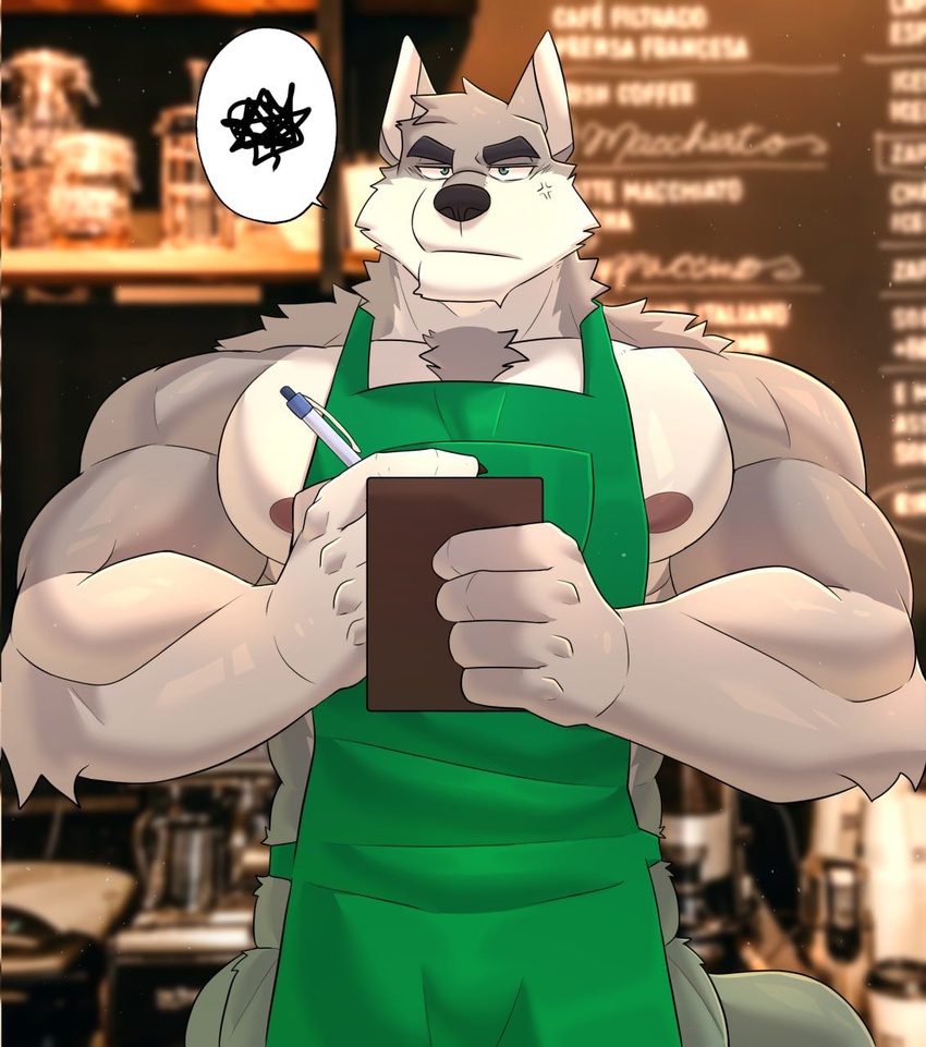 2023 anthro apron barista biceps black-kun blurred_background canid canine canis chest_tuft claws clothing coffee_machine coffee_shop cross-popping_vein finger_claws frustrated fur green_apron green_clothing green_eyes grey_body grey_fur hi_res i_mean_breast_milk kobrin male mammal meme menu menu_board muscular muscular_anthro muscular_male nipples notebook pecs pen scribble_censorship solo speech_bubble spoken_squiggle taking_order tuft white_body white_fur wolf