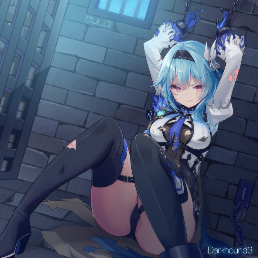 arms_up artist_name ass black_footwear black_hairband blue_gloves blue_hair blue_necktie boots brick brown_eyes center_opening chained chains character_name dark_hound_3 dutch_angle eula_(genshin_impact) female genshin_impact gloves hairband highres indoors long_sleeves looking_at_viewer necktie prison_cell restrained shirt sitting solo thigh_boots thighhighs torn_boots torn_clothes torn_necktie torn_shirt torn_thighhighs vision_(genshin_impact) window