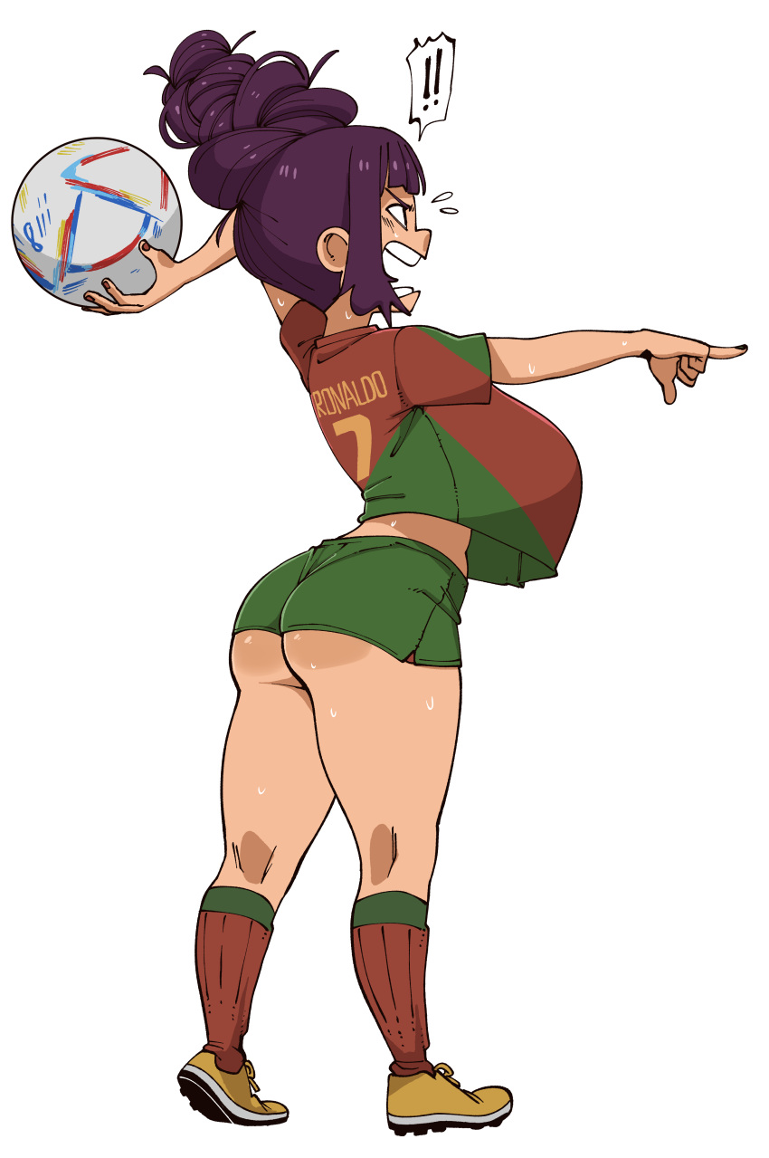 ! !! 2022_fifa_world_cup absurdres al_rihla ass ball breasts command_grab_(nuclear_wasabi) cristiano_ronaldo female full_body highres holding holding_ball large_breasts nuclear_wasabi open_mouth original pointing portugal purple_hair shirt shorts shouting simple_background soccer soccer_ball soccer_uniform socks solo spoken_exclamation_mark sportswear standing sweat white_background world_cup