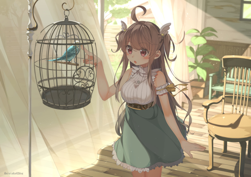 animal ayataka bird blush brown_hair cage garter_belt long_hair original red_eyes skirt watermark