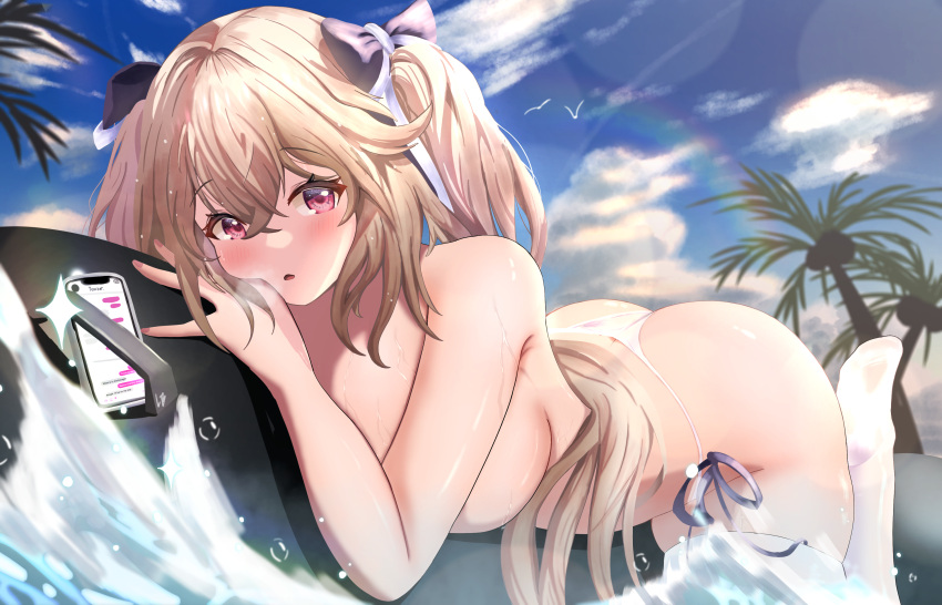 absurdres anchorage_(azur_lane) anchorage_(dolphins_and_swim_lessons)_(azur_lane) ass azur_lane bare_shoulders bikini bikini_bottom_only blush breasts cellphone female hair_between_eyes hair_ribbon highres inflatable_orca inflatable_toy large_breasts light_brown_hair long_hair loob looking_at_viewer official_alternate_costume outdoors palm_tree phone ribbon smartphone soles solo surfing swimsuit thighhighs thighs tree twintails very_long_hair wet white_bikini white_thighhighs